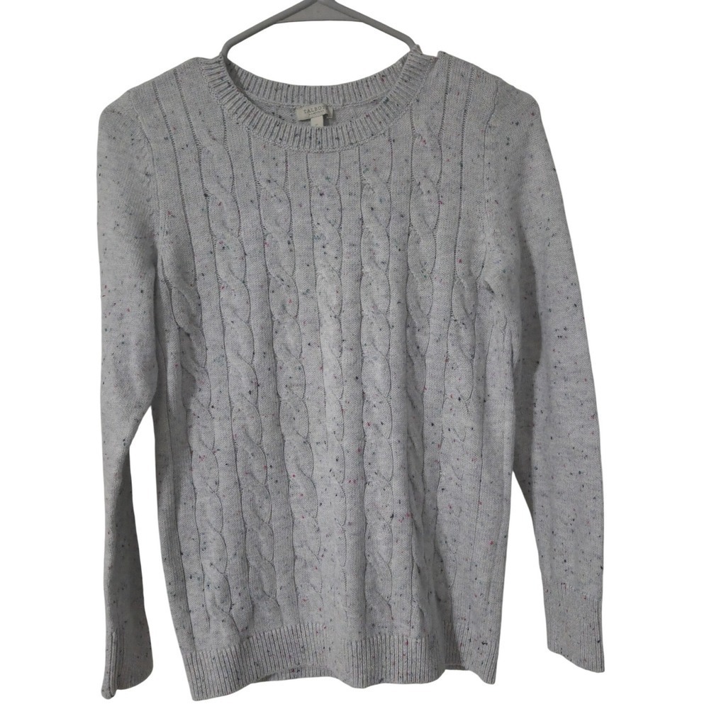 Talbots Petite Gray Speckled Cable Knit Crew Neck Sweater Cotton Blend, Small